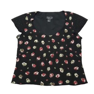 Chapter One Top Womens Large Black Floral Short Sleeve Layered Blouse Casual